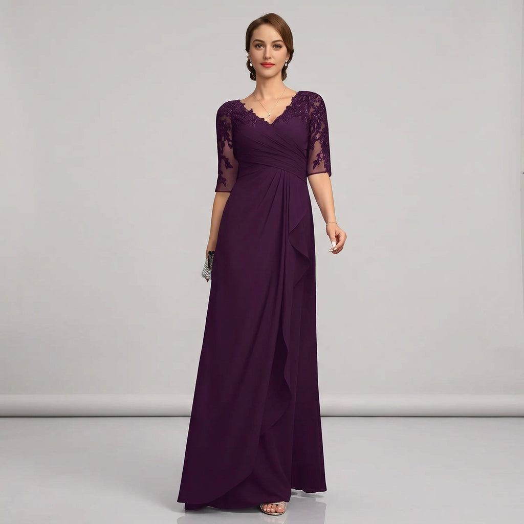 Plum lace applique chiffon A-line long formal gown with V-neck and 3/4 sleeves