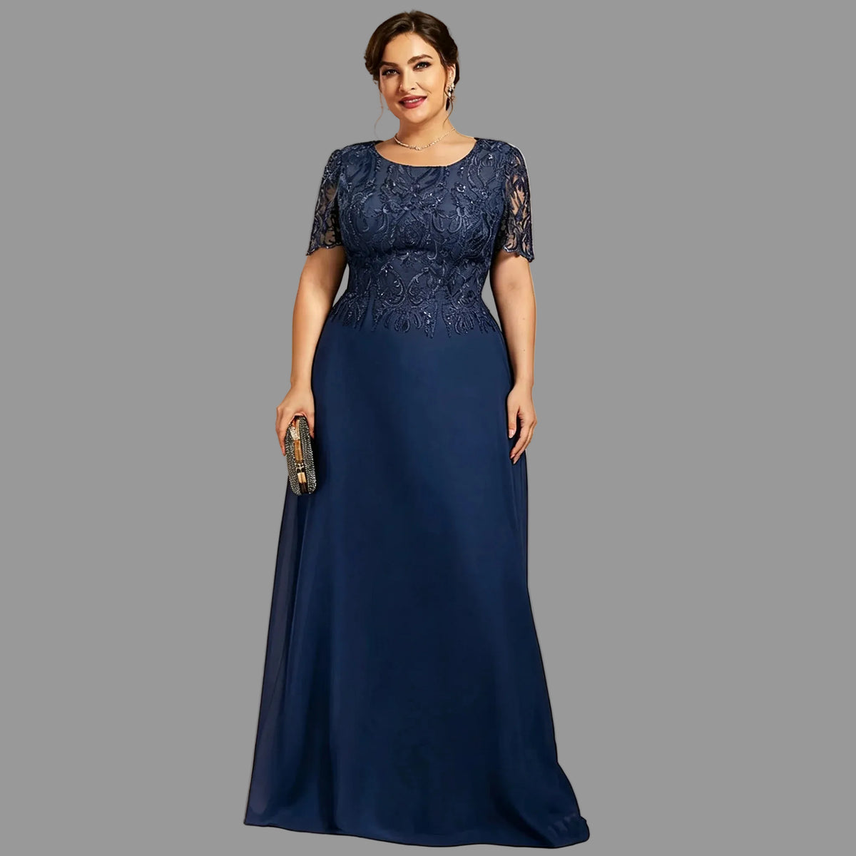 Dark blue lace A-line dress with short sleeves and long chiffon skirt