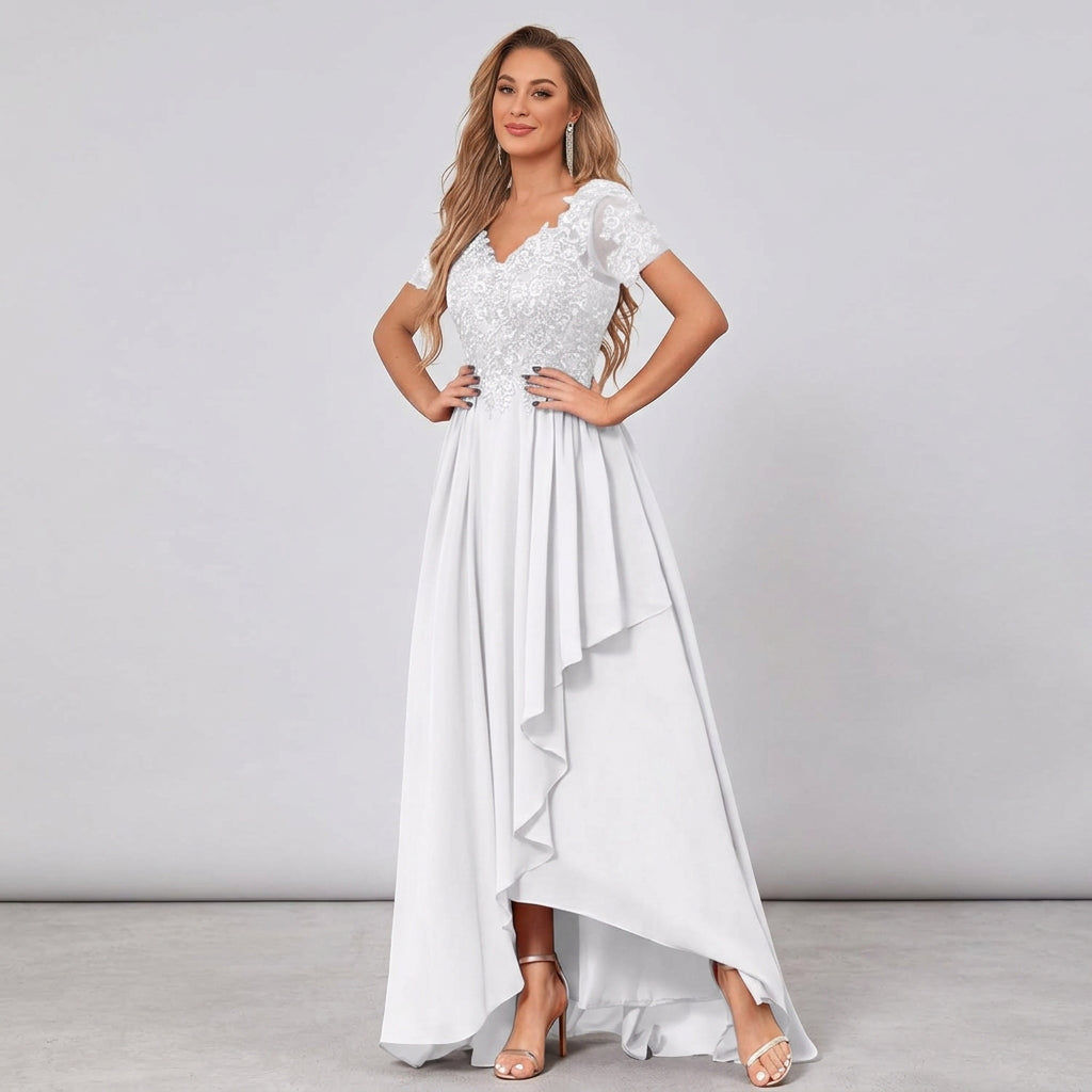 White chiffon high-low mother-of-the-bride dress with lace V-neck bodice and draped side