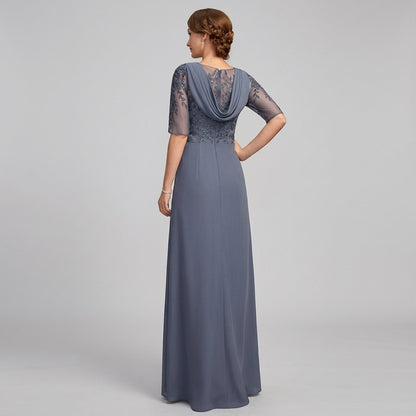 Dusty blue chiffon mother-of-the-bride dress with lace applique sleeves and V-neck