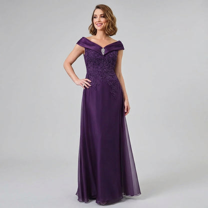 Plum off-shoulder satin gown with embroidered bodice and flowing pleated skirt