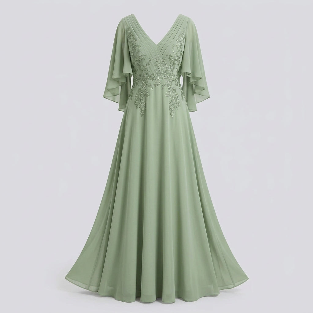 V-Neck Lace Applique Chiffon A-Line Mother of the Bride Gown