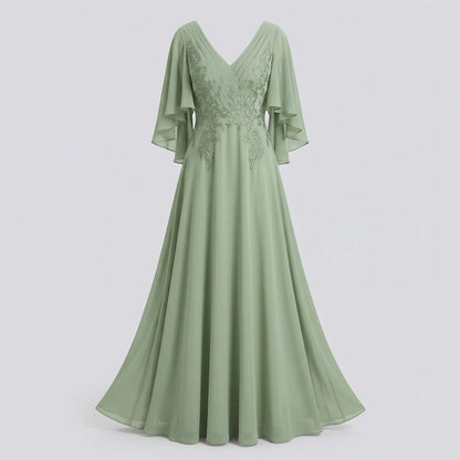 V-Neck Lace Applique Chiffon A-Line Mother of the Bride Gown
