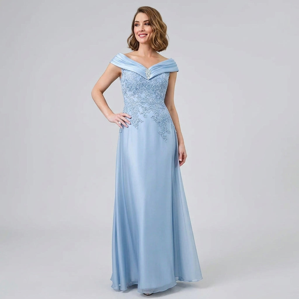 Light blue off-shoulder pleated satin mother-of-the-bride dress with fitted bodice