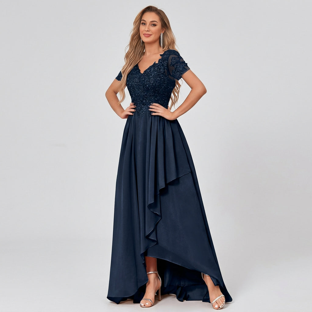 Navy blue V-neck lace bodice chiffon high-low dress with short sleeves and layered overlay