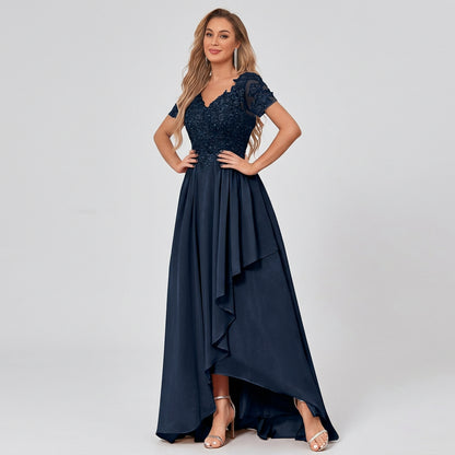Navy blue V-neck lace bodice chiffon high-low dress with short sleeves and layered overlay
