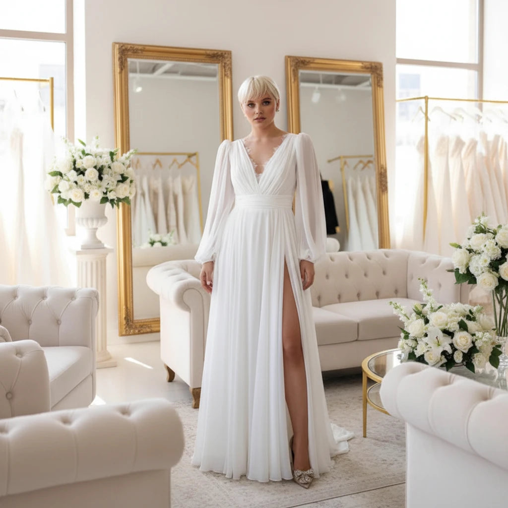 White chiffon V-neck plus size wedding dress with puff sleeves and side drape