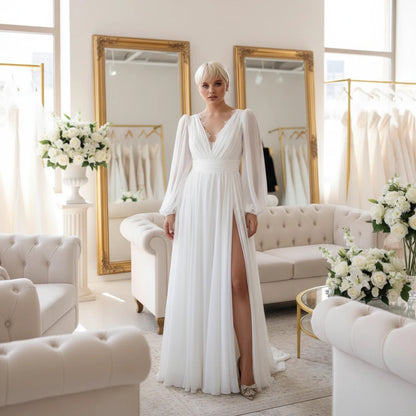 White chiffon V-neck plus size wedding dress with puff sleeves and side drape