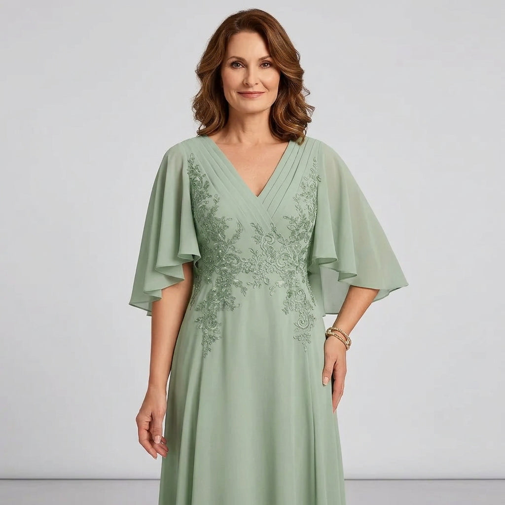 V-Neck Lace Applique Chiffon A-Line Mother of the Bride Gown