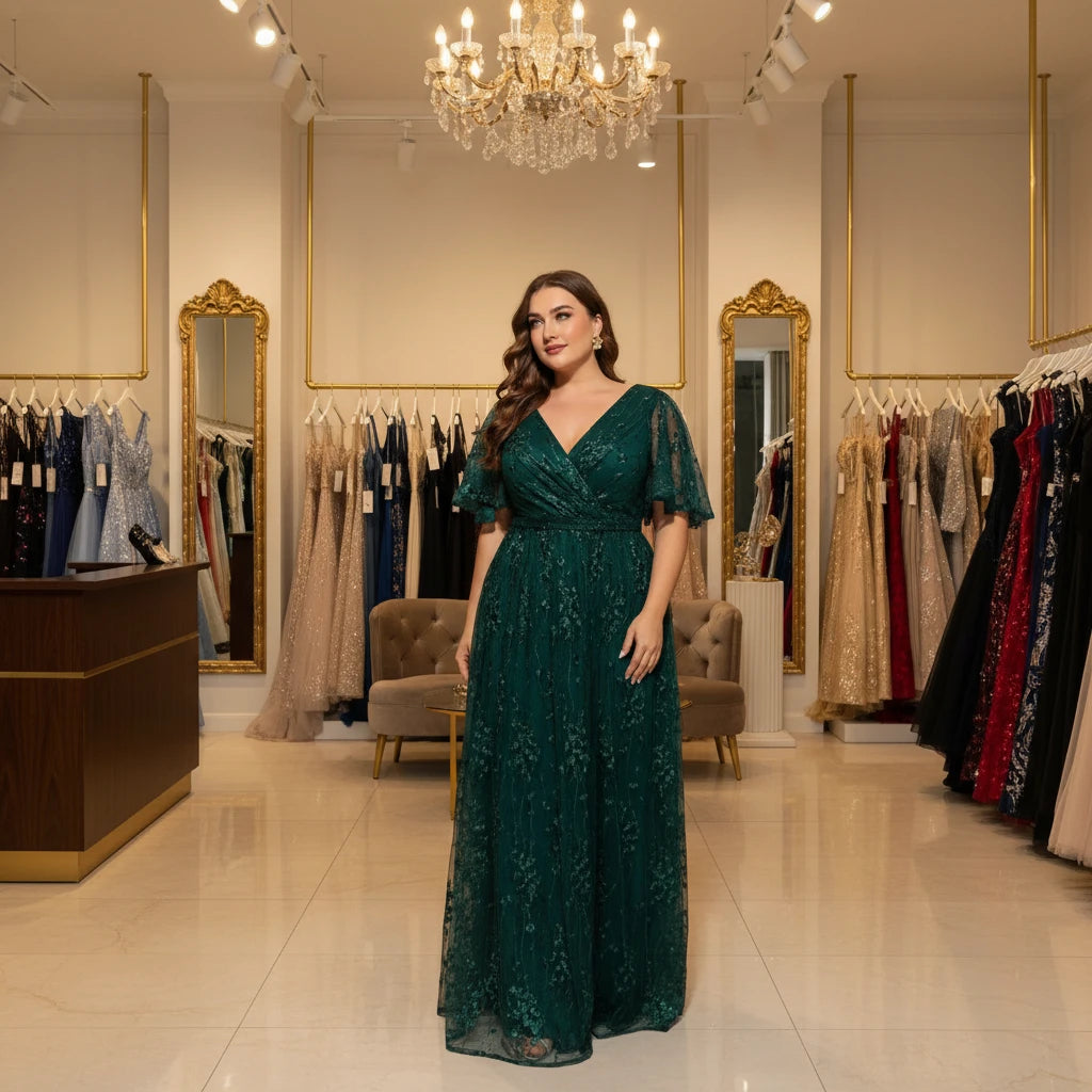 Dark green lace maxi evening dress with V-neck wrap bodice and short puff sleeves