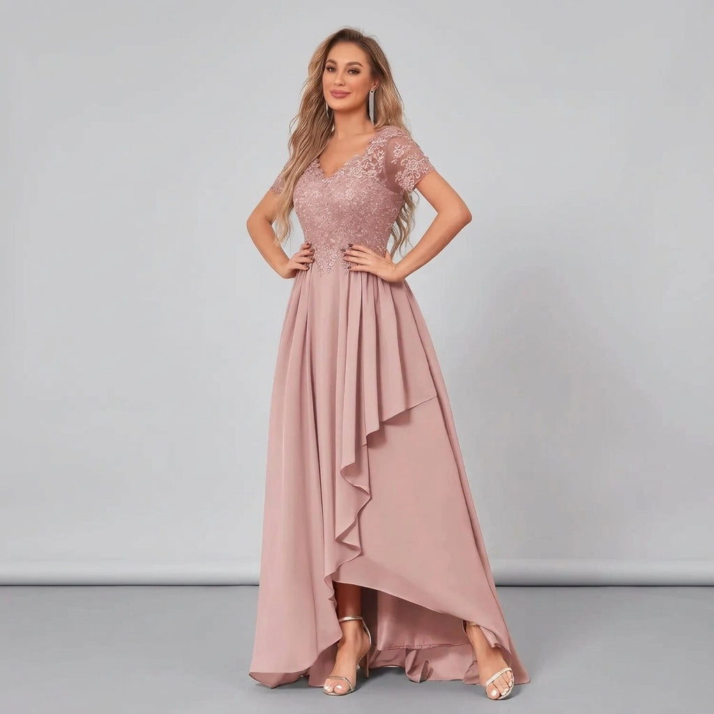 Blush chiffon high-low mother-of-the-bride dress with lace V-neck bodice and flutter hem