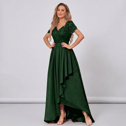 Deep green chiffon high-low mother-of-the-bride dress with lace texture and draped overlay