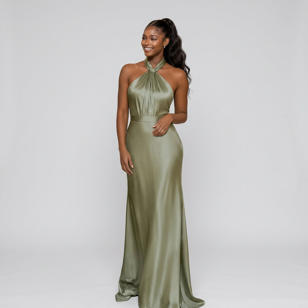 Sage green satin bridesmaid dress with halter neck drape and floor-length skirt