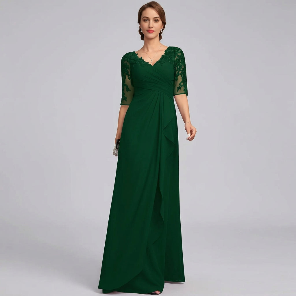 Lace applique chiffon A-line mother of the bride gown with V-neck and three-quarter sleeves