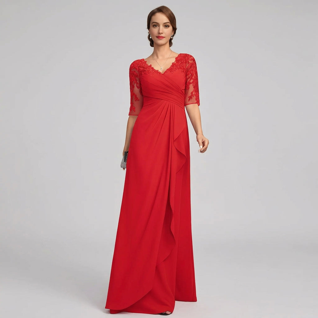 Red lace applique chiffon mother-of-the-bride dress with V-neck and draped A-line skirt