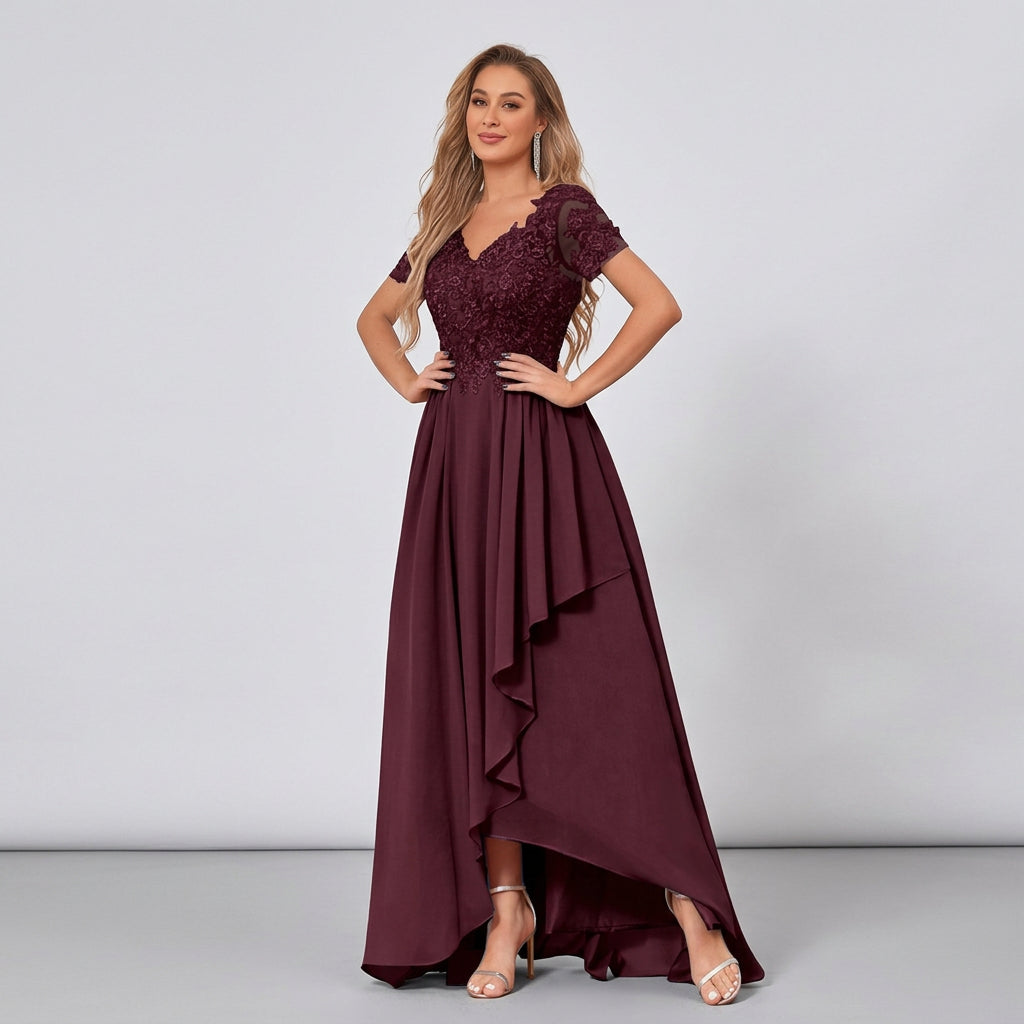 Plum V-neck lace bodice chiffon high-low mother of the bride dress with flutter hem