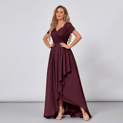 Plum V-neck lace bodice chiffon high-low mother of the bride dress with flutter hem