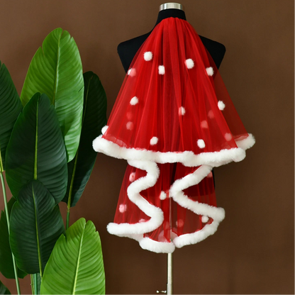 Red tulle party veil with white faux-fur trim and white dot pattern