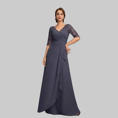 Dark blue chiffon formal gown with lace sleeves, V-neck, and A-line draped skirt