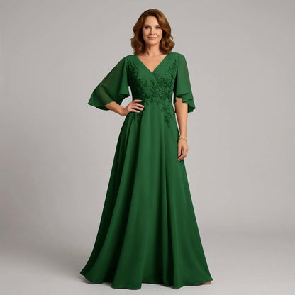V-Neck Lace Applique Chiffon A-Line Mother of the Bride Gown