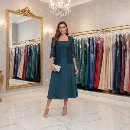 Two-piece chiffon dress in teal with lace bodice, square neckline, 3/4 sleeves