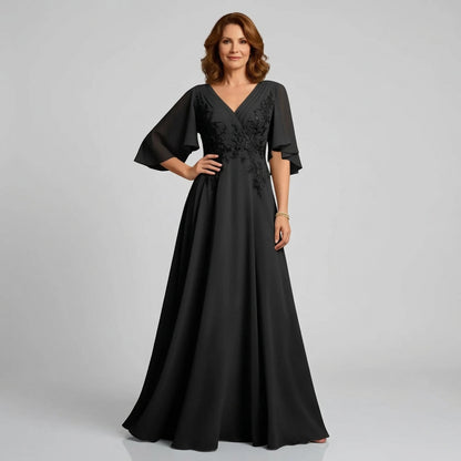 V-Neck Lace Applique Chiffon A-Line Mother of the Bride Gown