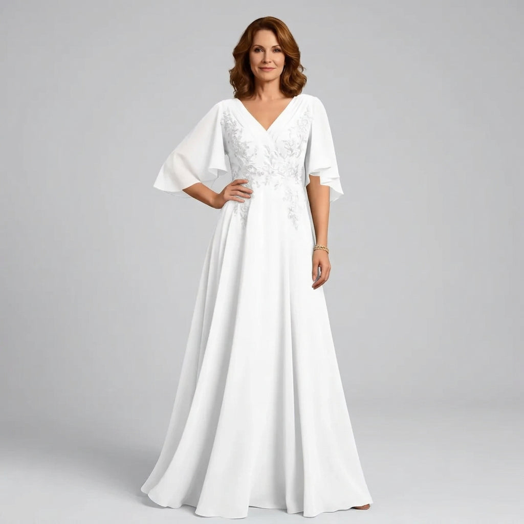 V-Neck Lace Applique Chiffon A-Line Mother of the Bride Gown