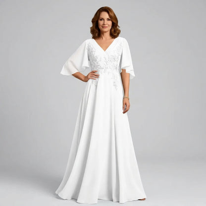 V-Neck Lace Applique Chiffon A-Line Mother of the Bride Gown
