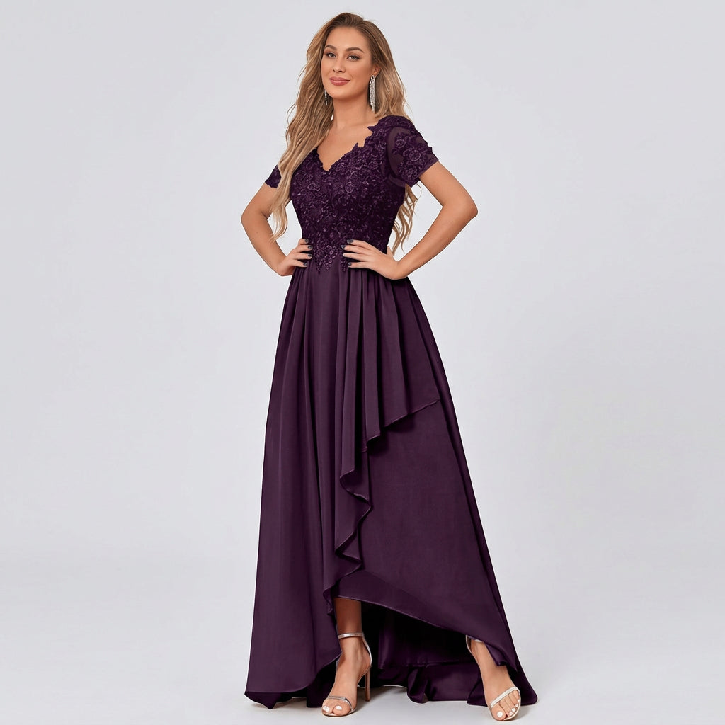 Plum chiffon high-low mother-of-the-bride dress with lace V-neck bodice and cascading overlay