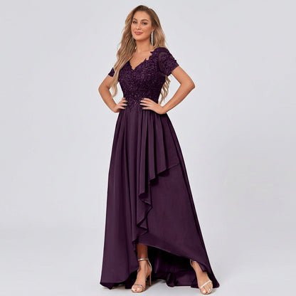 Plum chiffon high-low mother-of-the-bride dress with lace V-neck bodice and cascading overlay