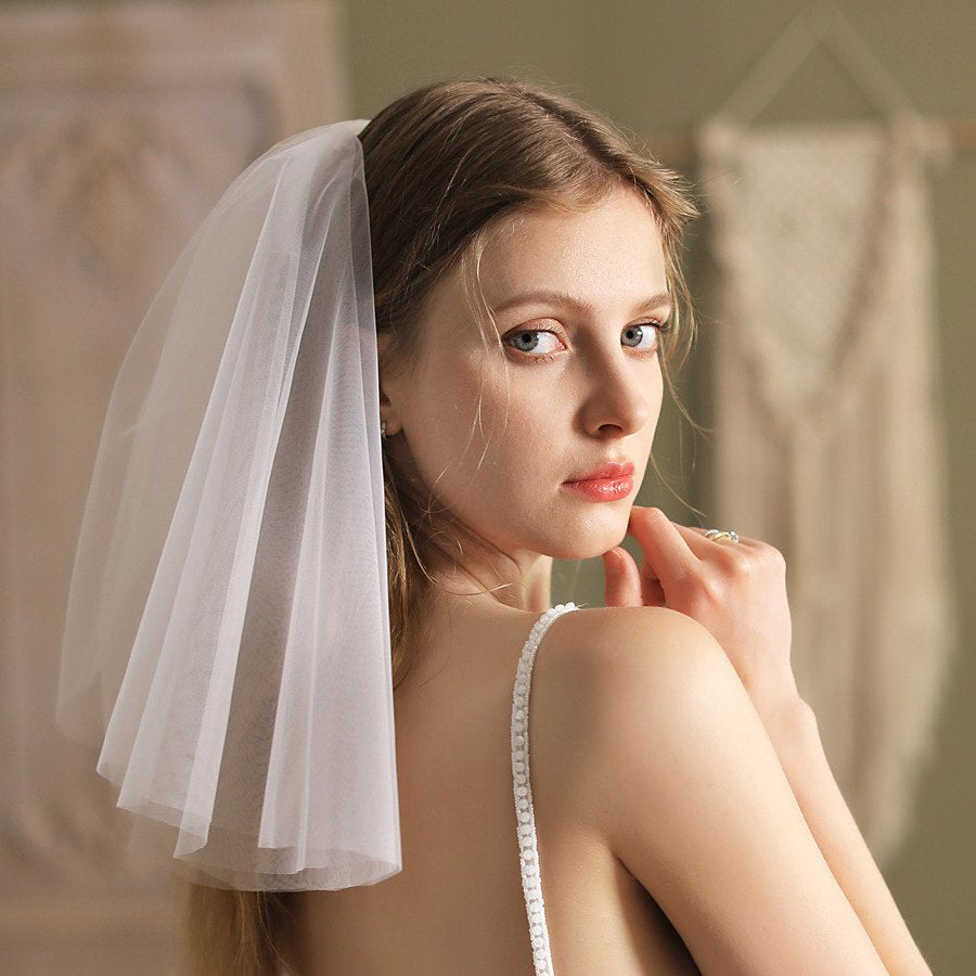 Ivory short two-layer bridal veil, sheer tulle drape over head