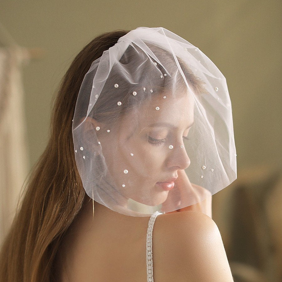 Ivory birdcage veil headpiece with pearl dots on soft tulle mesh