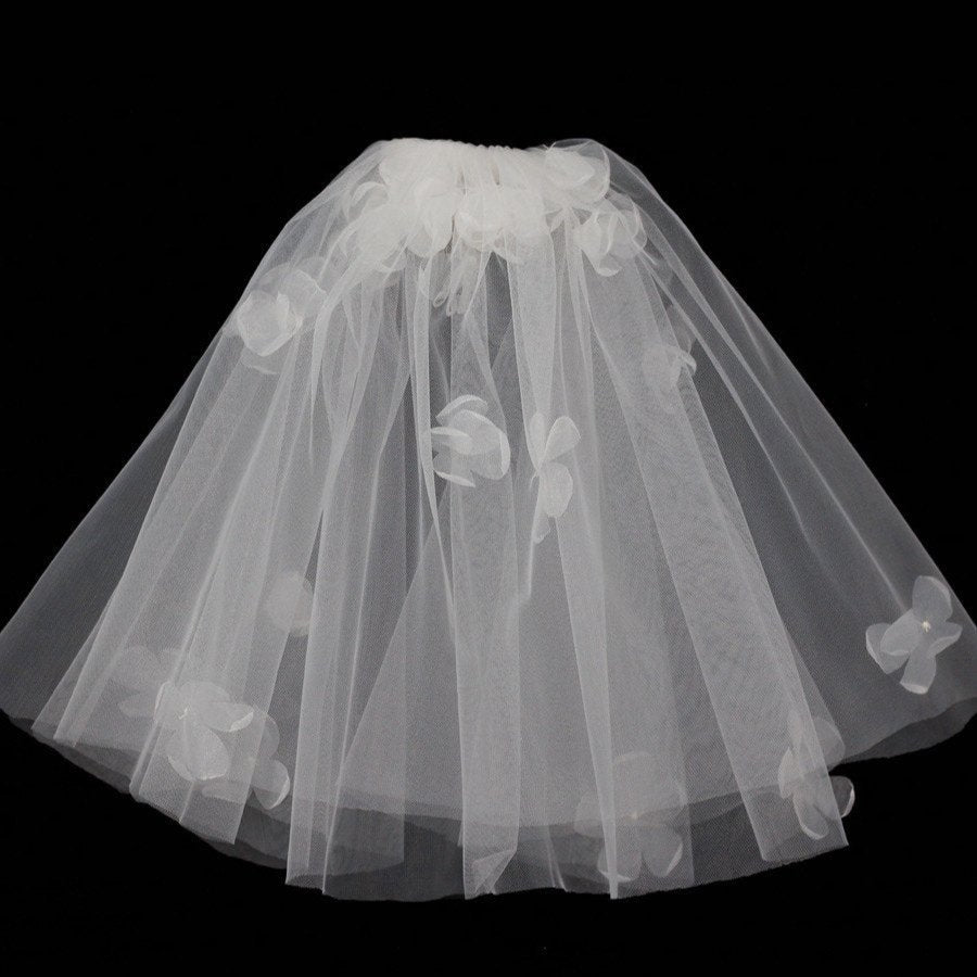 Ivory short wedding veil, flared tulle with scattered flower appliques
