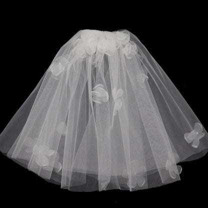 Ivory short wedding veil, flared tulle with scattered flower appliques