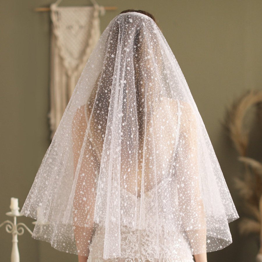 Ivory short wedding veil with allover star print, layered sheer tulle