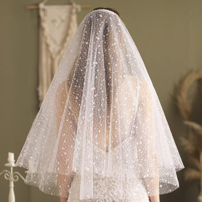 Ivory short wedding veil with allover star print, layered sheer tulle
