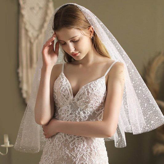 Ivory short wedding veil with scattered star pattern, sheer tulle drape