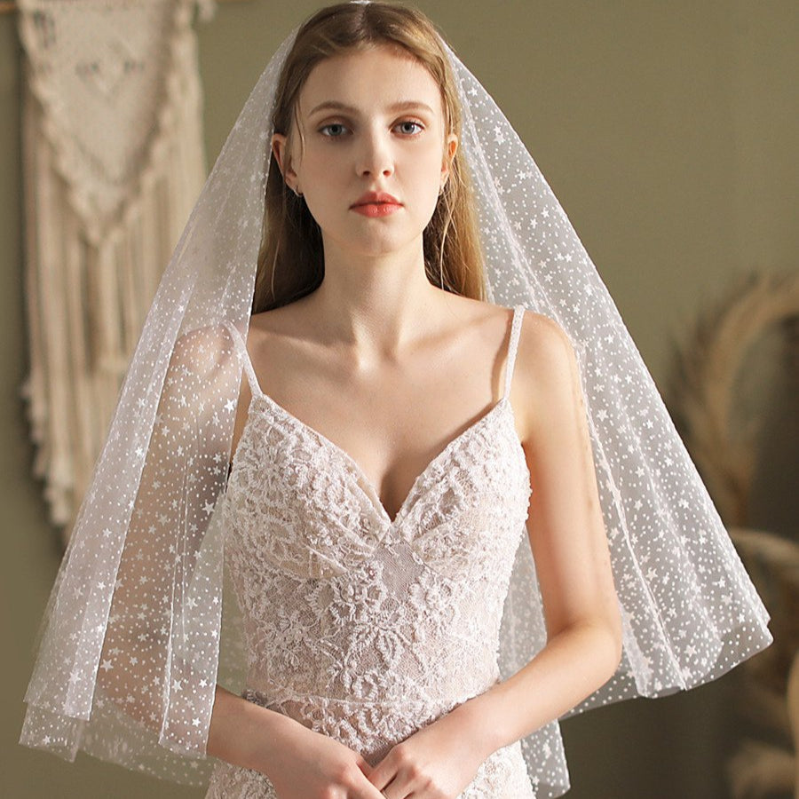 Ivory short wedding veil with star print, sheer tulle veil with clean edges