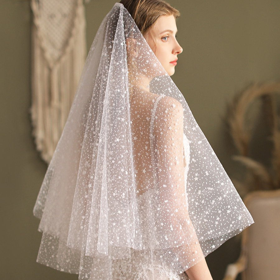 Ivory short wedding veil with star pattern, short layered tulle coverage