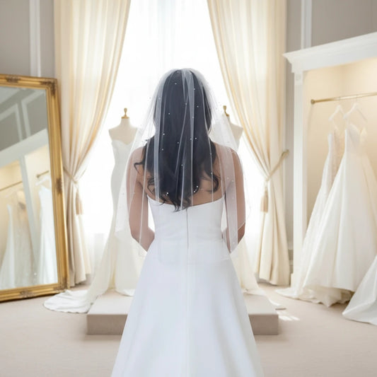 Elbow-length bridal veil in light white tulle with scattered pearl-like bead accents