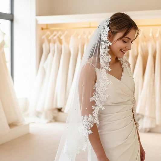 Bridal veil with floral lace trim and pearl bead accents