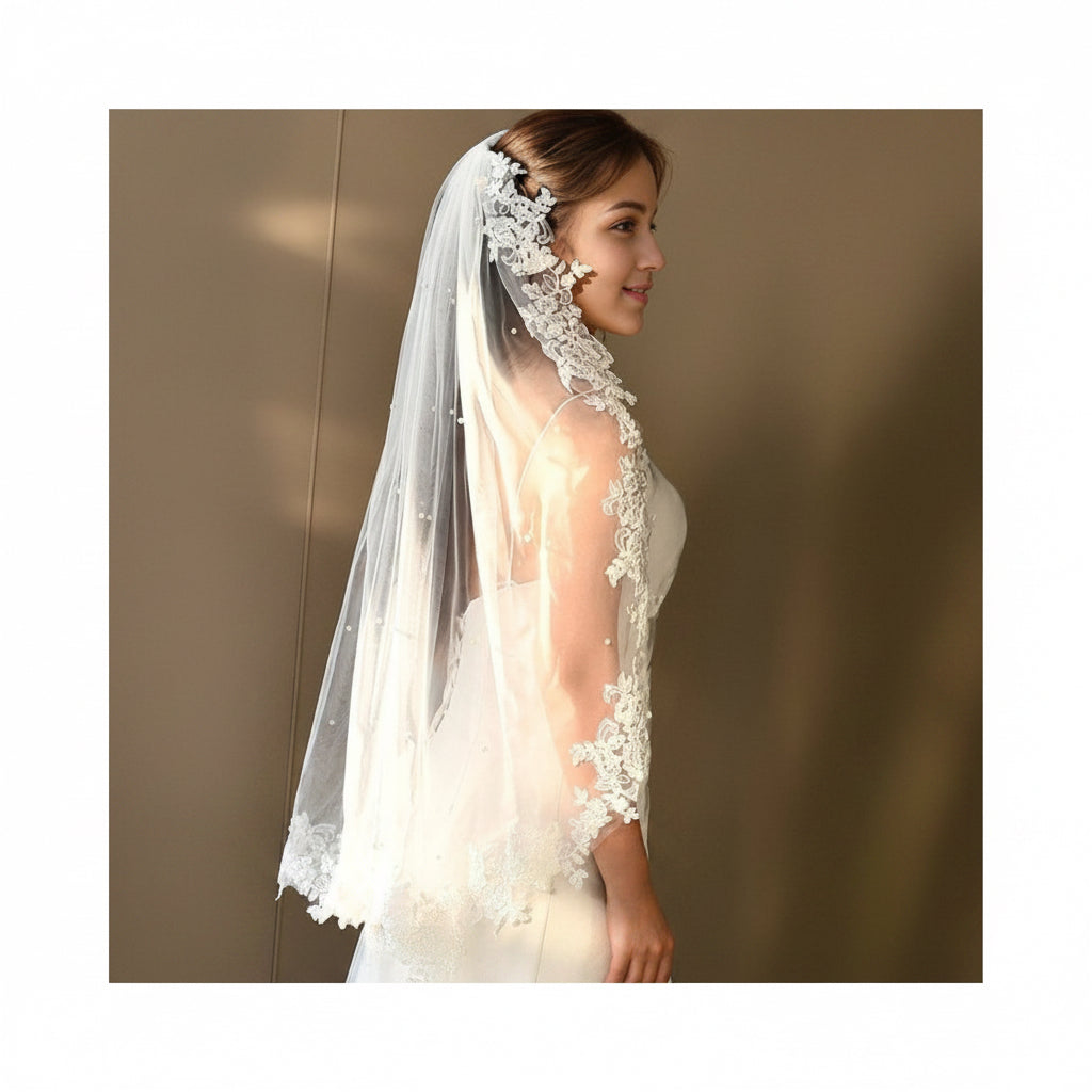Bridal veil with scalloped lace border and scattered pearl dots