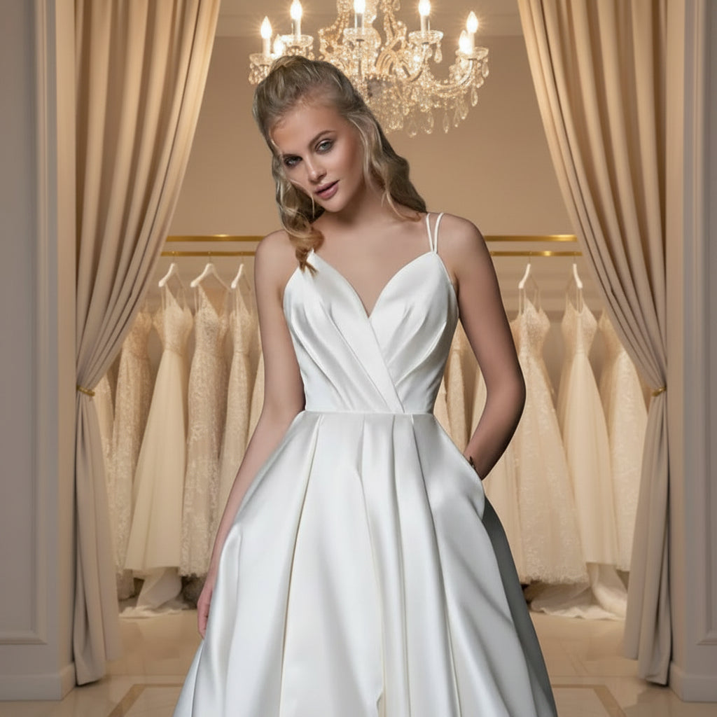 White satin A-line wedding dress with V-neck bodice and spaghetti straps