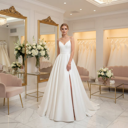 White satin A-line wedding dress with V-neck and spaghetti straps