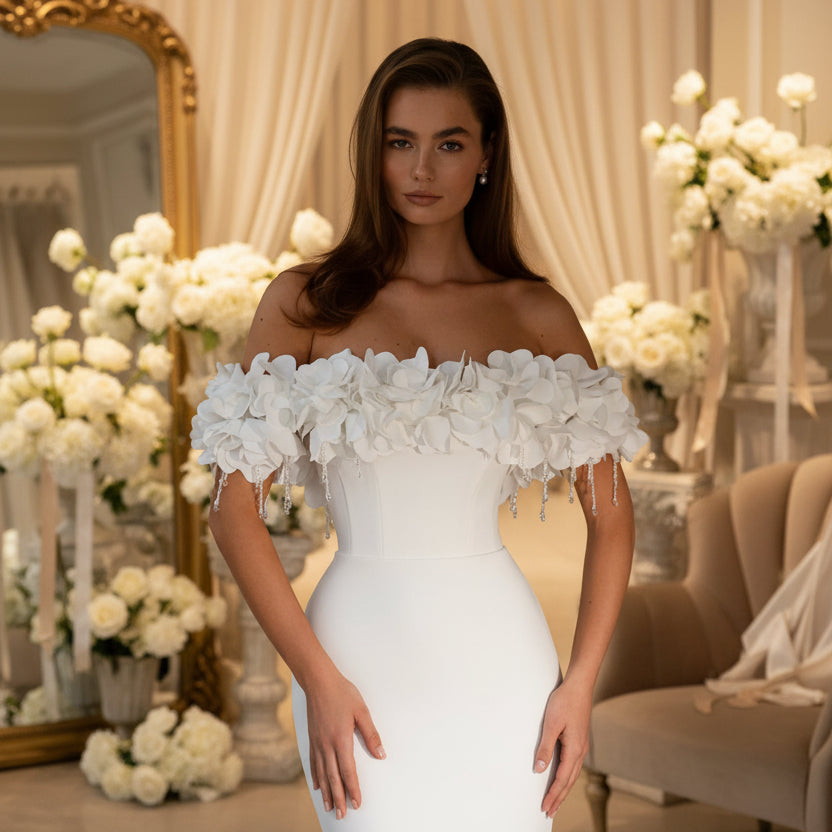 White off-shoulder wedding dress bodice with layered floral neckline and beaded sleeve drops