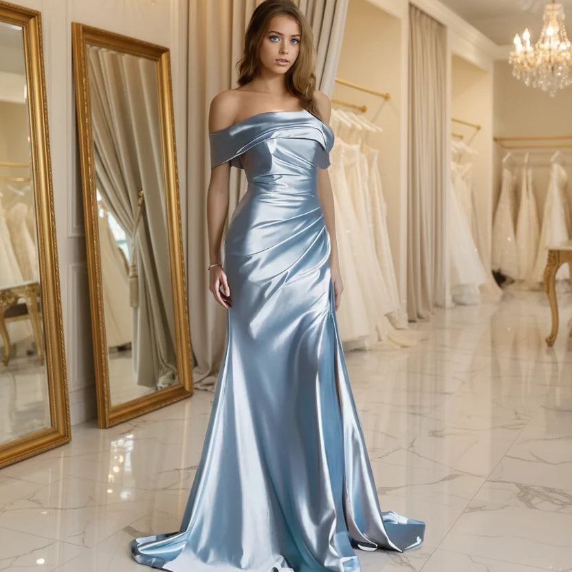 Off-shoulder satin mermaid formal dress in light blue, draped bodice and fitted skirt