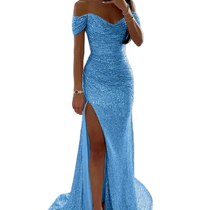 Off-shoulder sequin mermaid formal dress, sweetheart neckline, front slit; light blue.