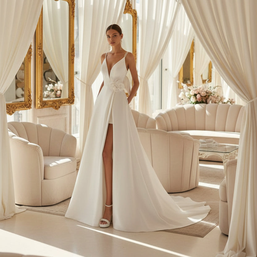 Ivory satin wedding dress with spaghetti straps, deep V front, and waist bow