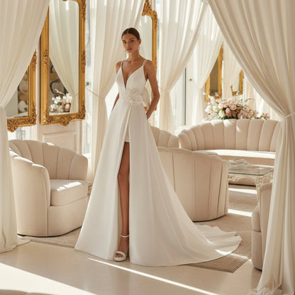 Ivory satin wedding dress with spaghetti straps, deep V front, and waist bow