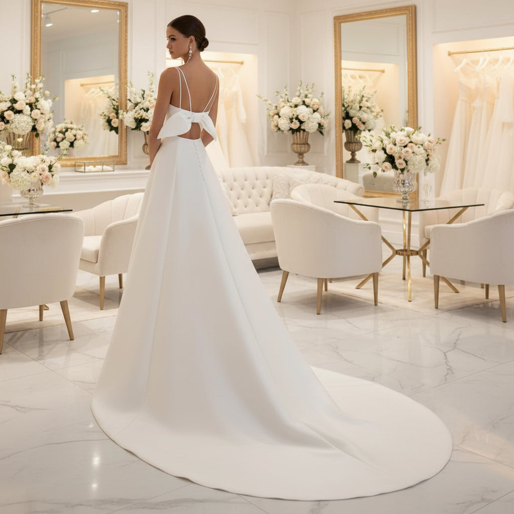 Ivory satin wedding dress with spaghetti straps and open back with bow details